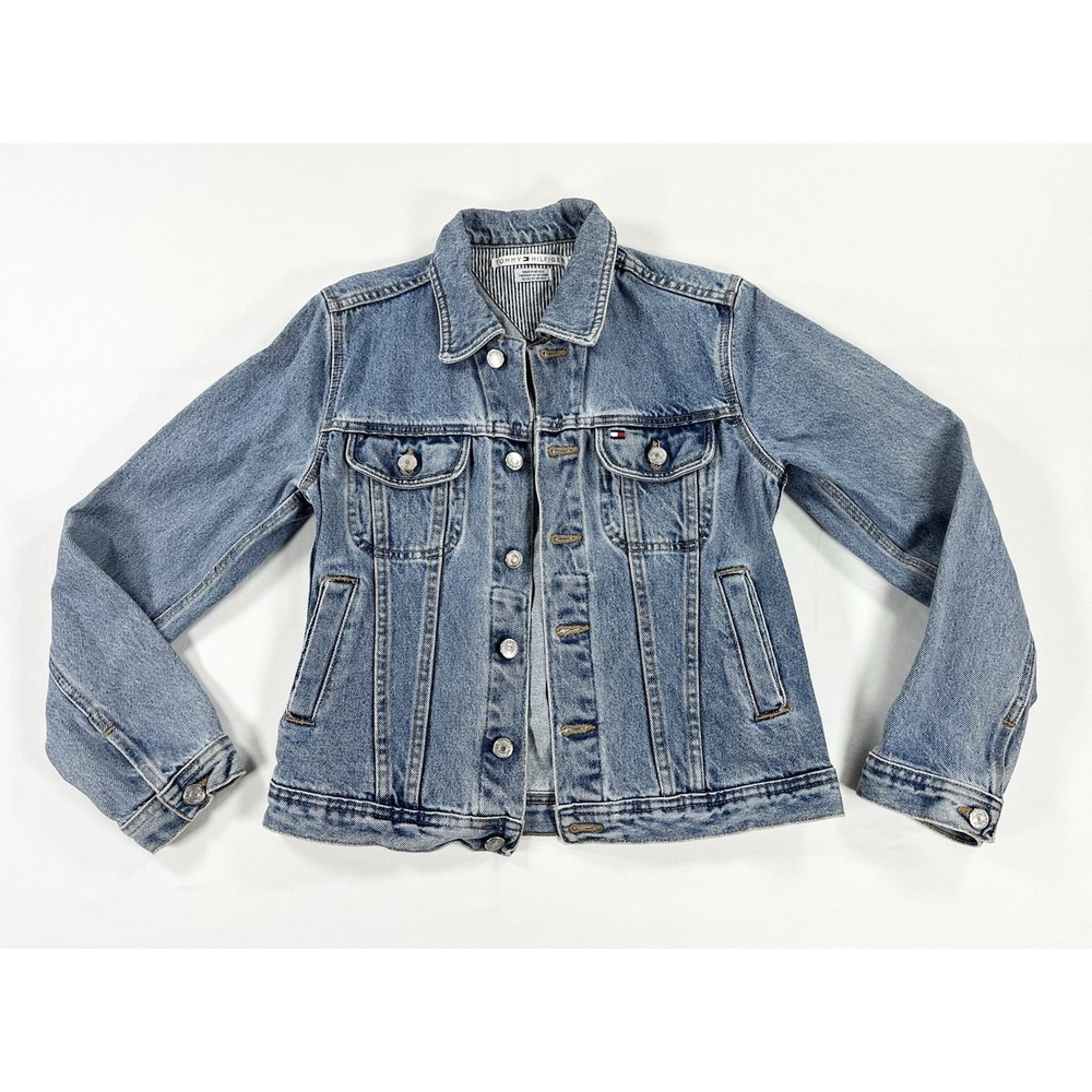 Vintage 90s Tommy Hilfiger Denim Trucker Jacket Blue Jean Women's Small S Flag